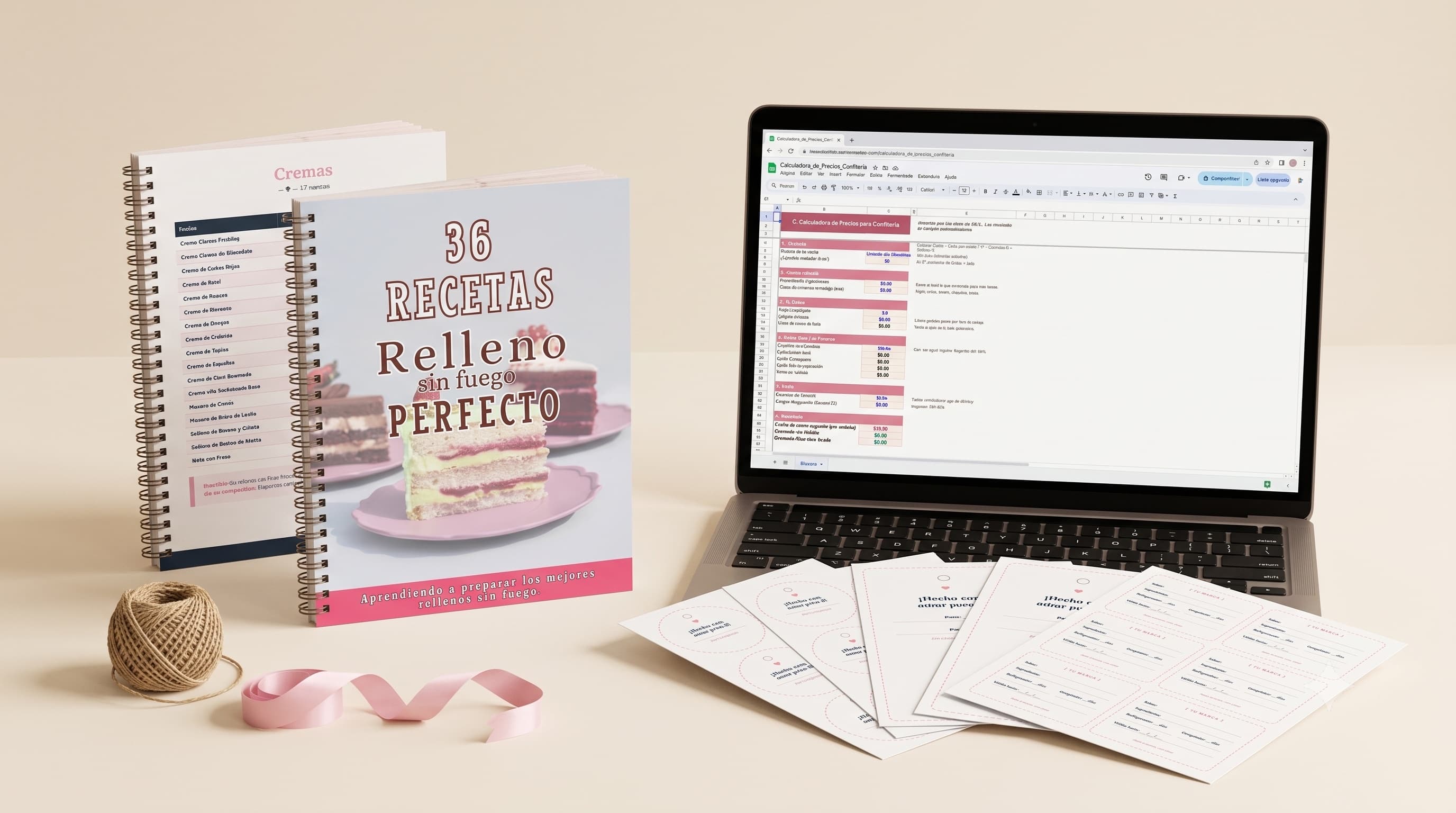 Las 36 recetas en e-book, junto con la Calculadora de Precios y el Kit de Etiquetas de Confitería, mostrando todo lo que se recibe con la compra