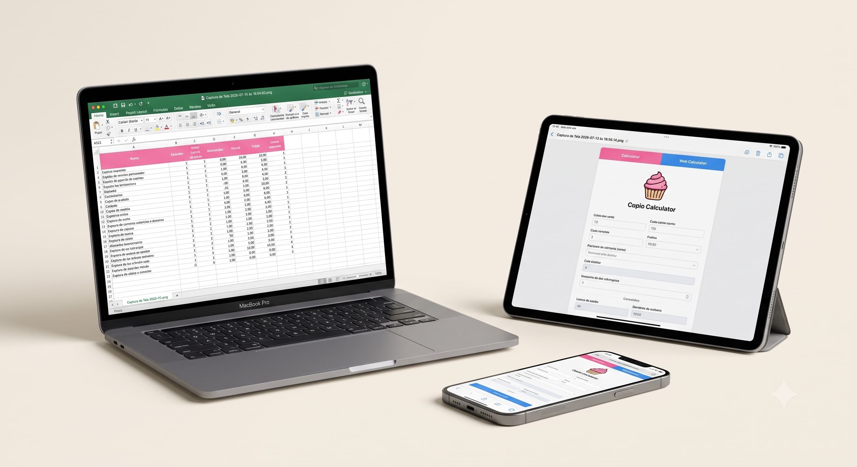 Calculadora de Precios abierta en Excel en la laptop, y en versión web en tablet y celular