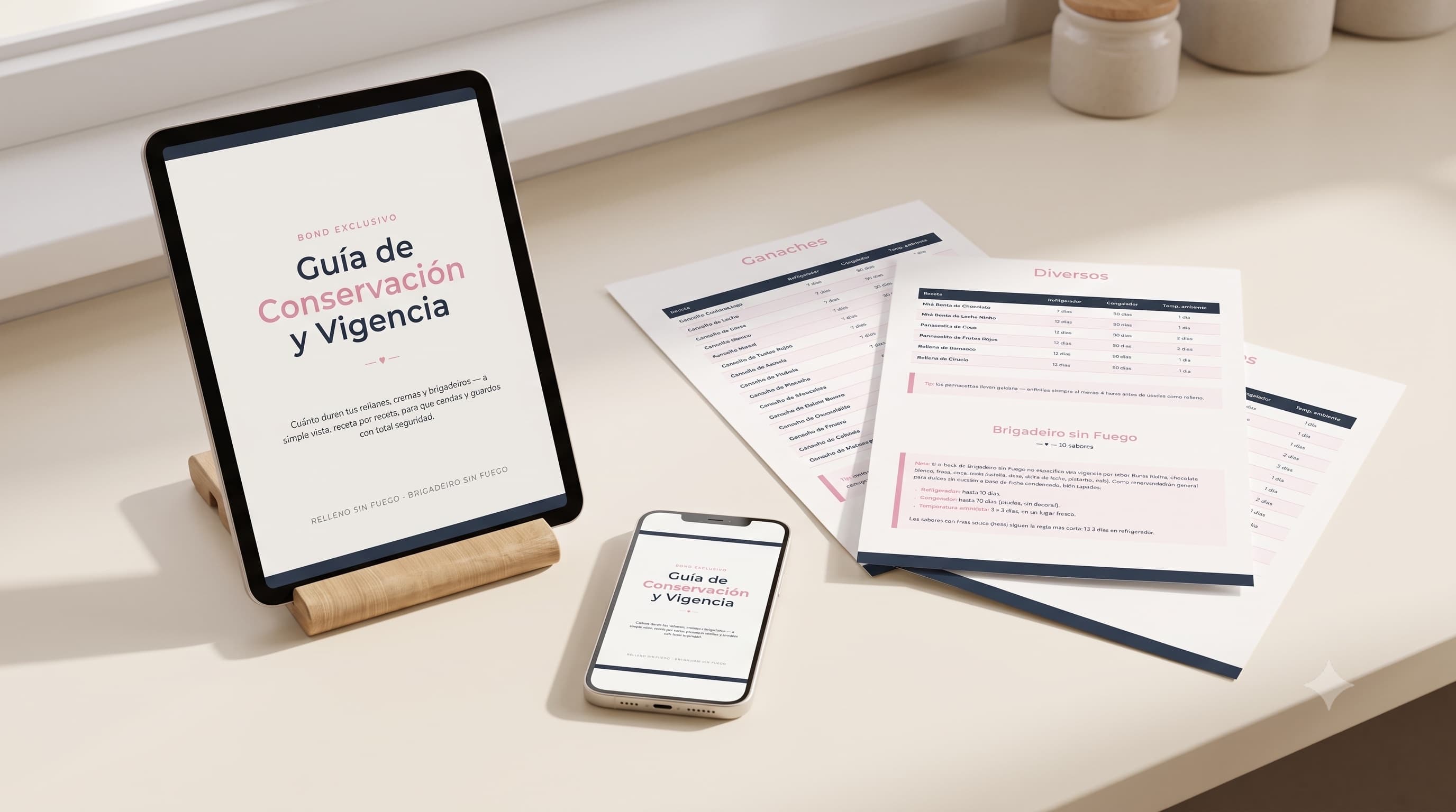 Guía de Conservación y Vigencia abierta en tablet y celular, junto a hojas impresas con las tablas de vigencia