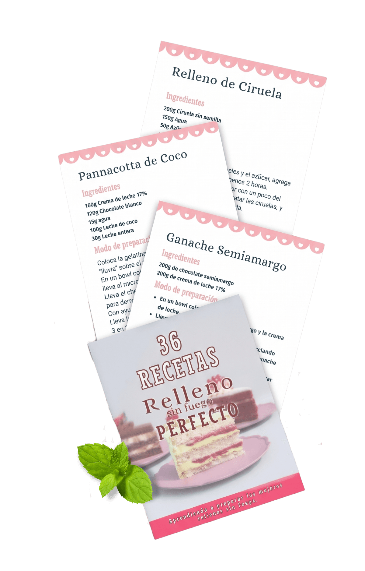 Páginas reales de Relleno sin Fuego: la portada del e-book junto a las recetas de Ganache Semiamargo, Pannacotta de Coco y Relleno de Ciruela